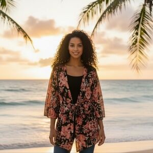 Susan Graver Floral Kimono Swim Cover-Up L/XL Boho Vacation Resort Pool Lounge